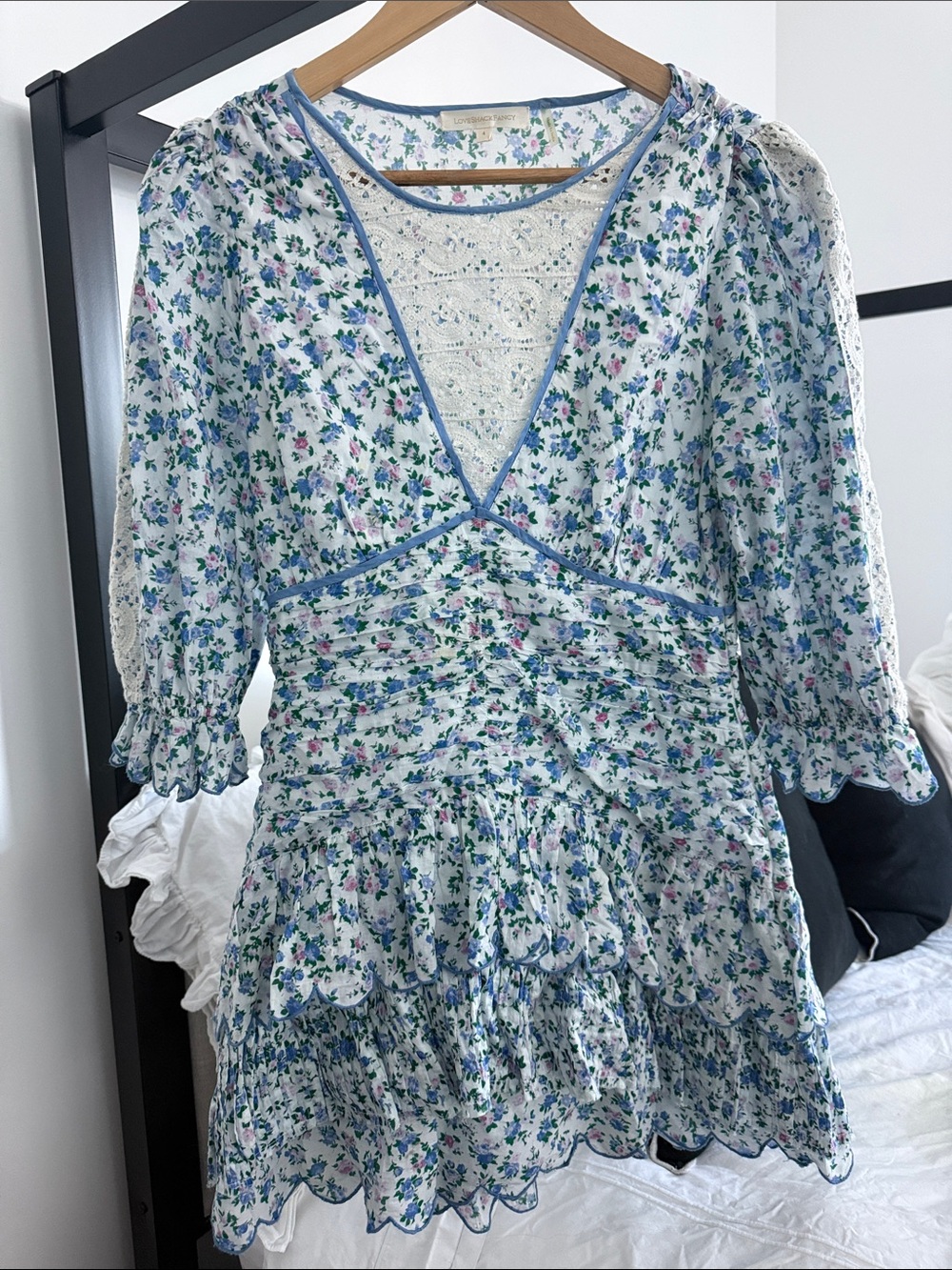 LoveShackFancy Blue, White and Green Floral Lace-Trim Mini Dress